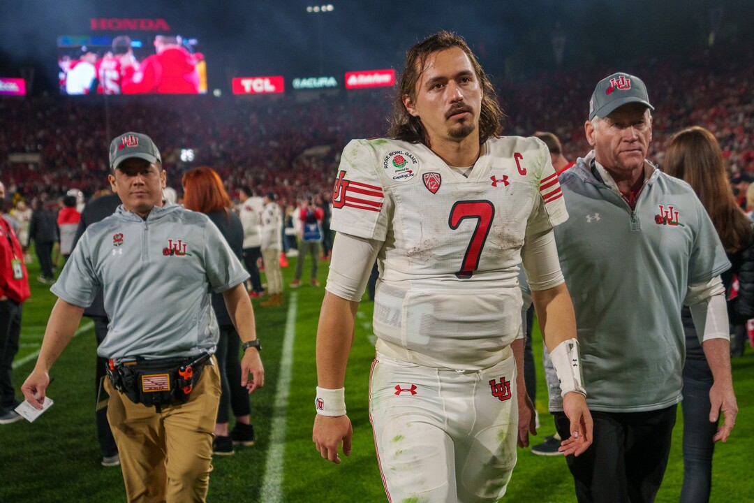 (Trent Nelson  |  The Salt Lake Tribune) Utah Utes quarterback Cameron Rising (7) walks off the field as the Utah Utes face the Ohio State Buckeyes at the Rose Bowl in Pasadena, Calif., on Saturday, Jan. 1, 2022.
