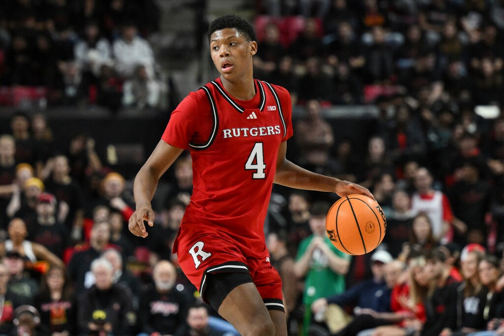 (Terrance Williams | AP) Rutgers guard Ace Bailey (4) handles the ball during the first half of an NCAA college basketball game against Maryland, Sunday, Feb. 9, 2025, in College Park, Md.