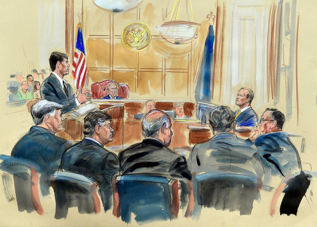 (Dana Verkouteren | The Associated Press) This courtroom sketch depicts Rick Gates, right, answering questions by prosecutor Greg Andres as he testifies in the trial of Paul Manafort, seated second from left, at the Alexandria Federal Courthouse in Alexandria, Va., Monday, Aug. 6, 2018. U.S. district Judge T.S. Ellis III presides as Manafort attorney's including Kevin Downing, left, Thomas Zehnle, third from left, listen.