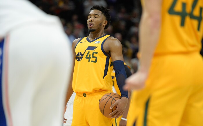 (Francisco Kjolseth  |  The Salt Lake Tribune)  Utah Jazz guard Donovan Mitchell (45) focuses on his free throw in the final moments of the team's win of 106-104 as the Utah Jazz host the Philadelphia 76ers in their NBA basketball game at Vivint Smart Home Arena in Salt Lake City on Wednesday, Nov. 6, 2019.