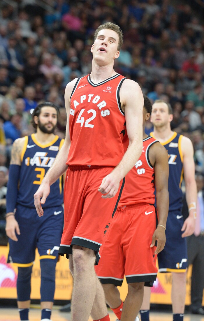 (Leah Hogsten  |  The Salt Lake Tribune) Toronto Raptors center Jakob Poeltl (42) reacts to two missed free throws. The Utah Jazz were defeated by the Toronto Raptors 100-109 at Vivint Smart Home Arena, Friday, November 3, 2017
