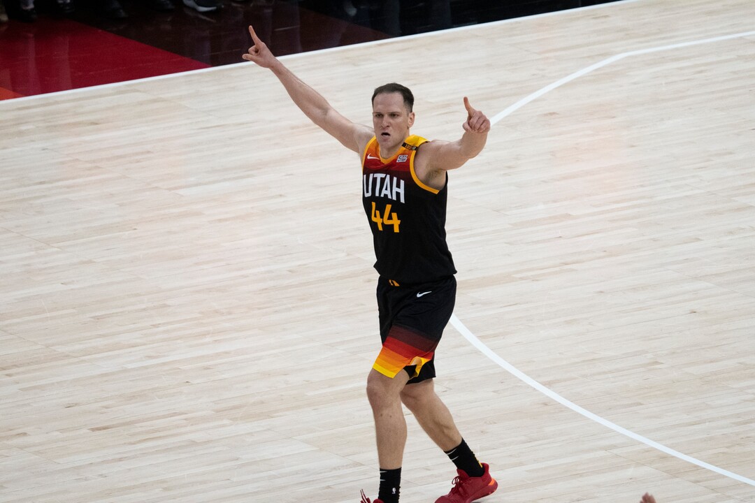(Rick Egan | The Salt Lake Tribune) Utah Jazz forward Bojan Bogdanovic (44) reacts after sining a 3-pointer to but the Jazz up by 10 points late in the 4th quarter, in NBA action between the Utah Jazz and the LA Clippers, in game one in the second round of the NBA playoff series at Vivint Arena, on Tuesday, June 8, 2021.