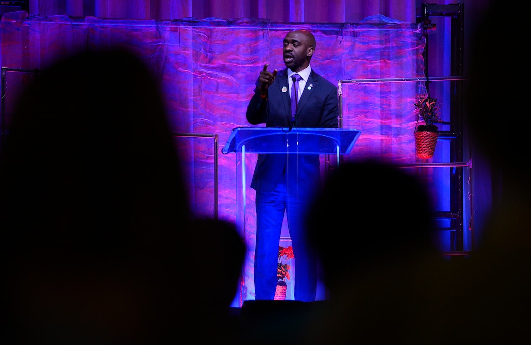 (Scott Sommerdorf | The Salt Lake Tribune)
Keynote speaker Michael Blake fires up the crowd as he speaks at the Democratic convention, Saturday, April 28, 2018 at the Salt Palace Convention Center in Salt Lake City, Utah.