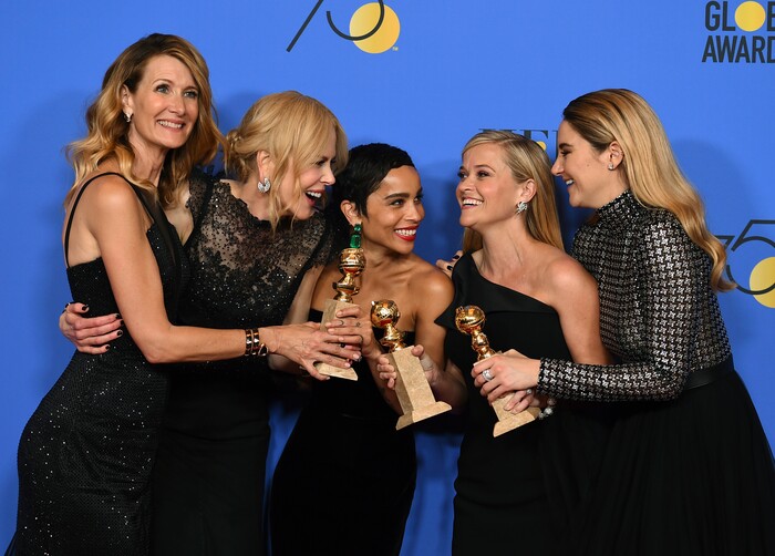 Laura Dern, from left, Nicole Kidman, Zoe Kravitz, Reese Witherspoon and Shailene Woodley pose in the press room with the award for best television limited series or motion picture made for television for "Big Little Lies" at the 75th annual Golden Globe Awards at the Beverly Hilton Hotel on Sunday, Jan. 7, 2018, in Beverly Hills, Calif. (Photo by Jordan Strauss/Invision/AP)