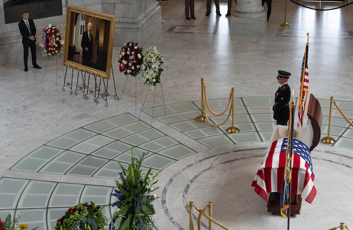 (Francisco Kjolseth | The Salt Lake Tribune) Former U.S. Sen. Orrin Hatch, who died on April 23 at the age of 88, is brought to the Utah Capitol for a public viewing on Wednesday, May 4, 2022.