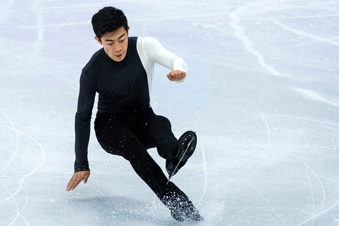 (Chris Detrick  |  The Salt Lake Tribune)  Salt Lake City's Nathan Chen falls while competing in the Men Single Skating Short Program at Gangneung Ice Arena during the Pyeongchang 2018 Winter Olympics Friday, Feb. 16, 2018. Chen finished with a score of 82.27.
