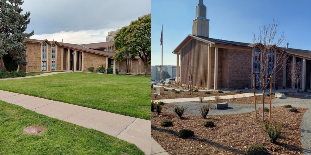 (The Church of Jesus Christ of Latter-day Saints) A meetinghouse in Salt Lake City before and after a shift to a water-wise landscaping.