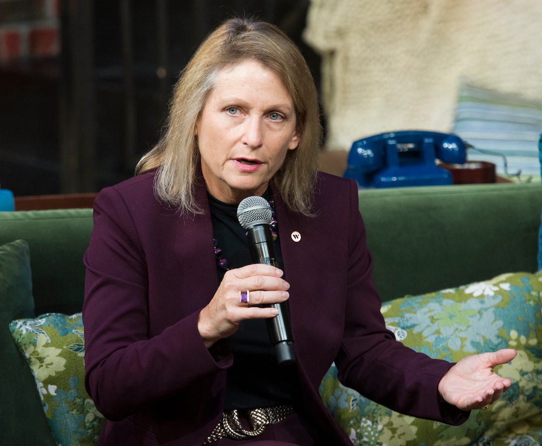 (Rick Egan | The Salt Lake Tribune) Bethami Dobkin, president of Westminster College, makes a comment while participating on a panel with Utah's five female university and college presidents on Thursday, Oct. 4, 2018.