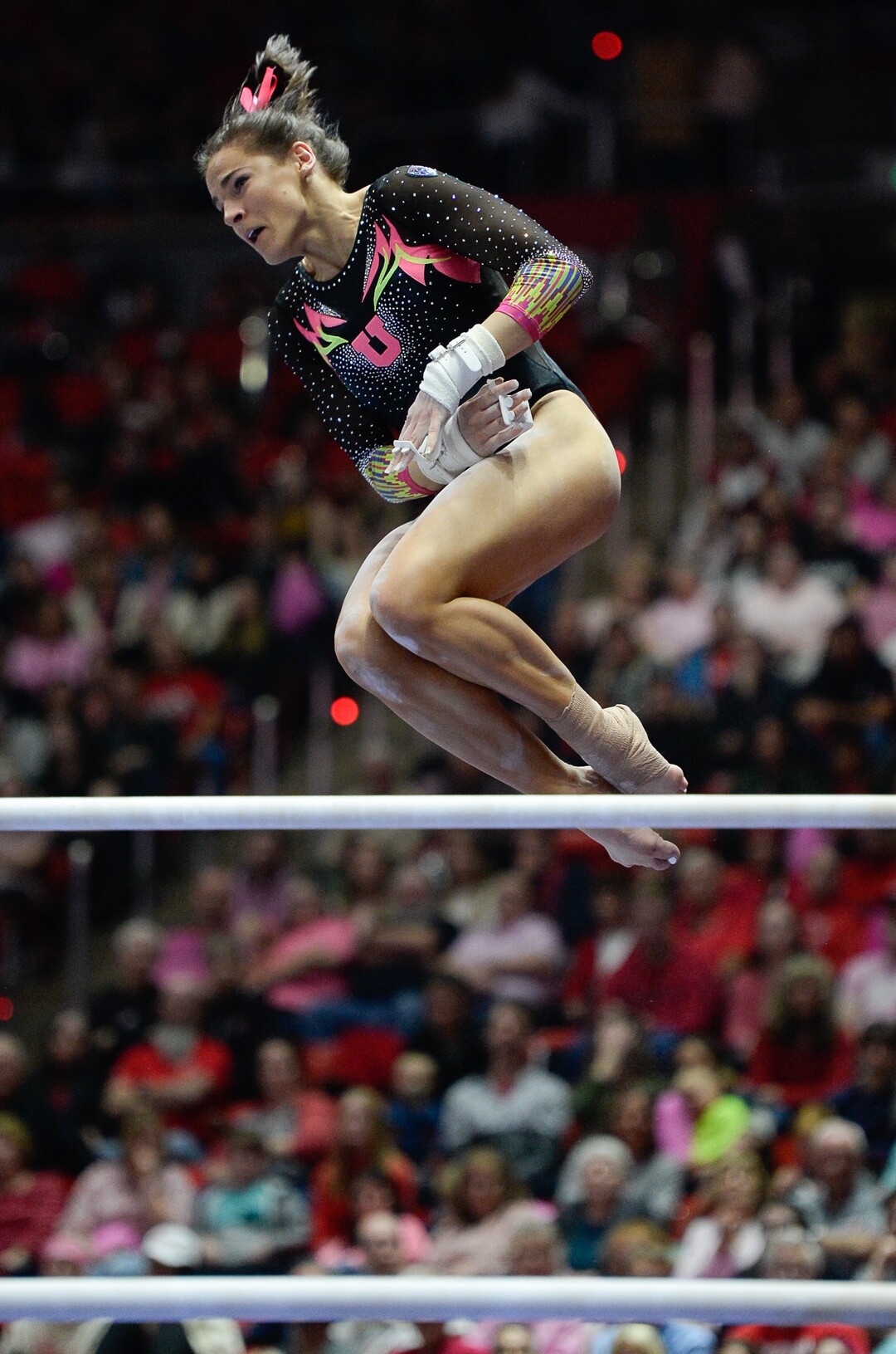 (Francisco Kjolseth  |  The Salt Lake Tribune) Missy Reinstadtler competes on the bars as the fourth-ranked University of Utah Red Rocks gymnastics team host Stanford, Friday, March 6, 2020, at the Jon M. Huntsman Center in Salt Lake City.
