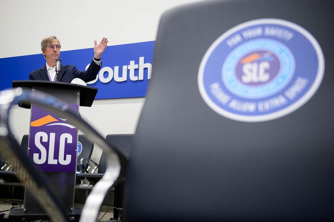 (Trent Nelson  |  The Salt Lake Tribune) Airport director Bill Wyatt speaks as the Salt Lake City International Airport celebrates the opening of concourse B, with a Southwest flight to Oakland taking off on Tuesday, Oct. 27, 2020.