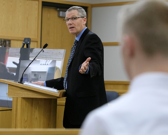 (Eli Lucero  |  Pool Photo)  Prosecuting attorney James Swink points to Jayzon Decker during his sentencing hearing for attempted aggravated murder and obstructing justice, Wednesday, Feb. 7, 2018, in Logan, Utah. Decker received a sentence of 15 years to life for planning and being present at the shooting of Deserae Turner in February 2017, and leaving her for dead in a dry irrigation canal in Smithfield, Utah.