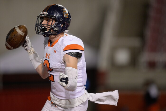 (Francisco Kjolseth  |  The Salt Lake Tribune) Nicholas Nethercott of Mountain Crest celebrates his touchdown against Stansbury in their class 4A semifinal game at Rice-Eccles Stadium, Thursday, Nov. 9, 2017.