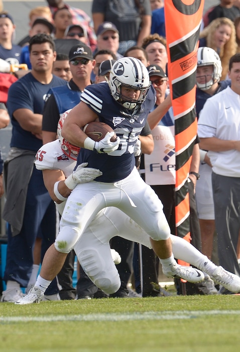 Leah Hogsten  |  The Salt Lake TribuneBrigham Young Cougars running back Brayden El-Bakri (35) had four catches for 69 yards in the first half. . Brigham Young University leads Southern Utah University 31-76 during their first match up at LaVell Edwards Stadium,  Saturday, November 12, 2016.