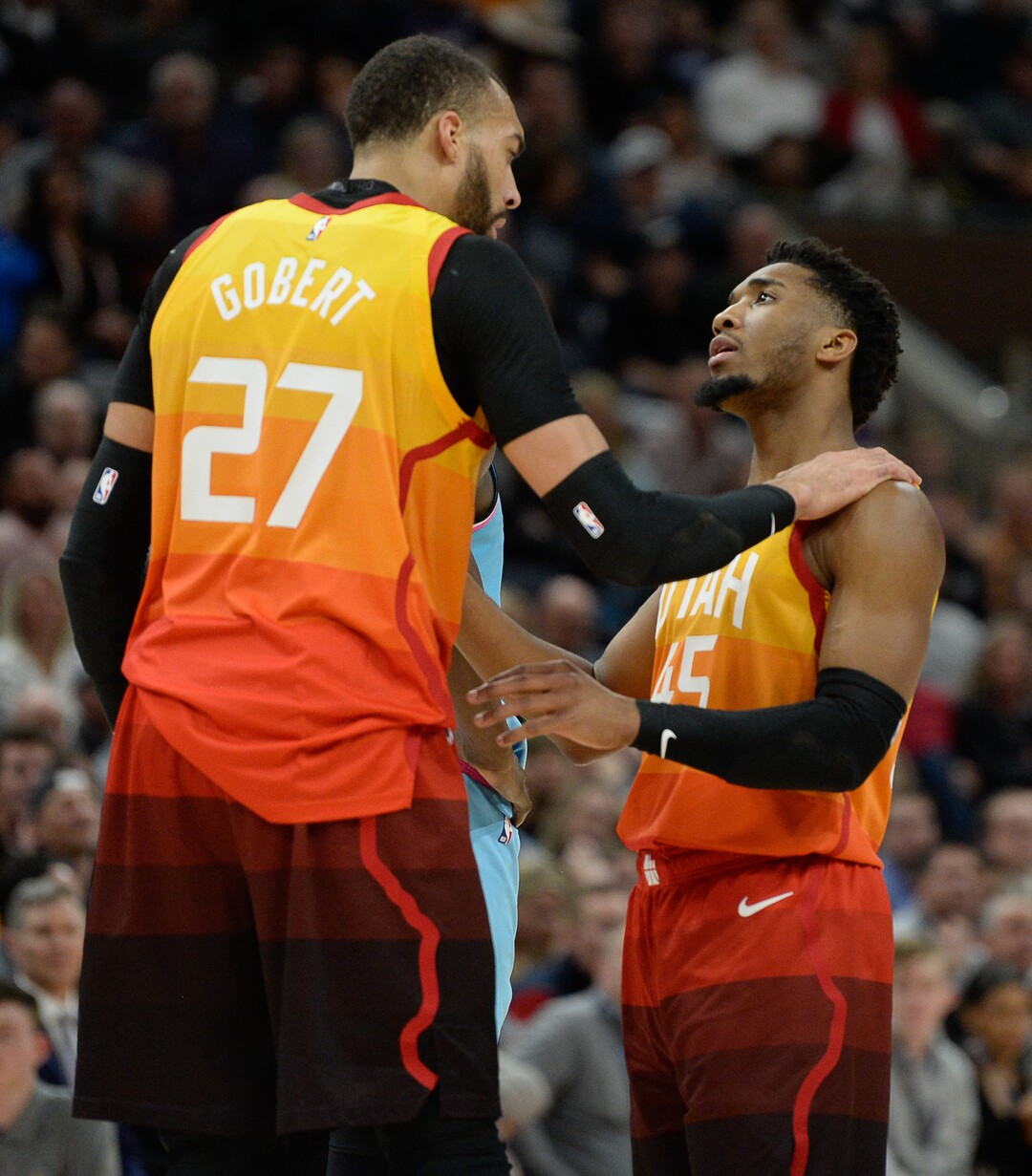 (Francisco Kjolseth  |  The Salt Lake Tribune) Utah Jazz guard Donovan Mitchell (45) tries to talk Utah Jazz center Rudy Gobert (27) down from arguing a call as the Utah Jazz host the Miami Heat in their NBA basketball game at Vivint Smart Home Arena in Salt Lake City on Wednesday, Feb. 12, 2020.