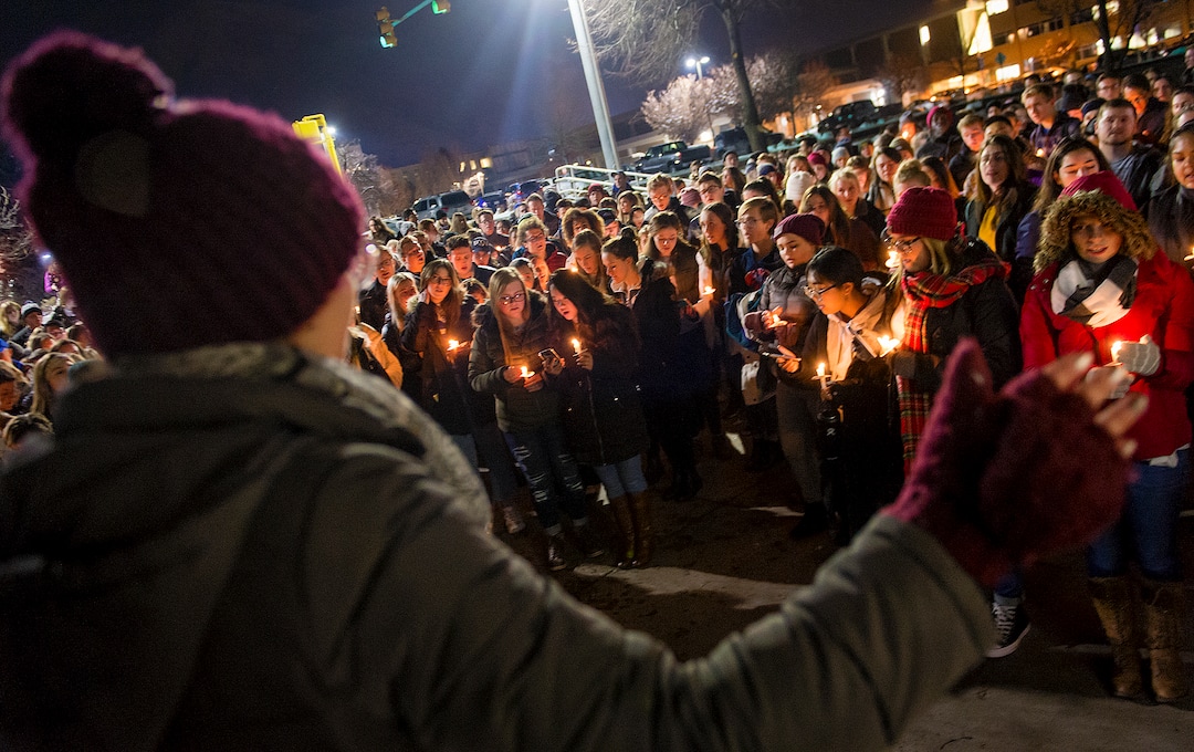 Michael Mangum  |  Special to the TribuneStudents sing hymns during a candlelight vigil held outside the N. Eldon Tanner Building on the campus of BYU in Provo, UT on Wednesday, December 5th, 2018.