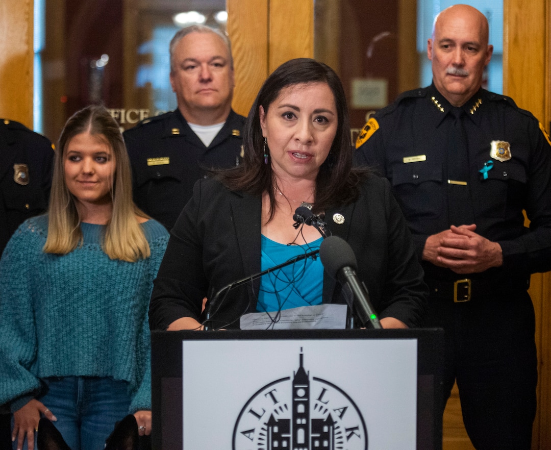 (Rick Egan  |  The Salt Lake Tribune)   Rep. Angela Romero speaks during a news conference at the City and County Building, as Paul Cassell made an announcement regarding the Utah Supreme Court Petition on behalf of Jane Does and House Bill 281, Wednesday, April 3, 2019.