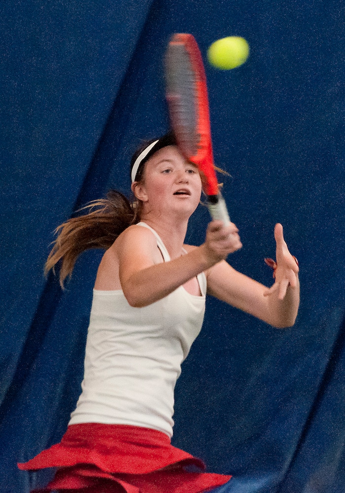 Michael Mangum  |  Special to the TribuneWaterford's Sophie Christensen hits a forehand shot during the Utah high school state tennis finals at the Salt Lake Tennis & Health Club in Salt Lake City on Saturday, September 30, 2017. Christensen was defeated by Rowland Hall's Katie Foley for the 3A 1st singles state championship.