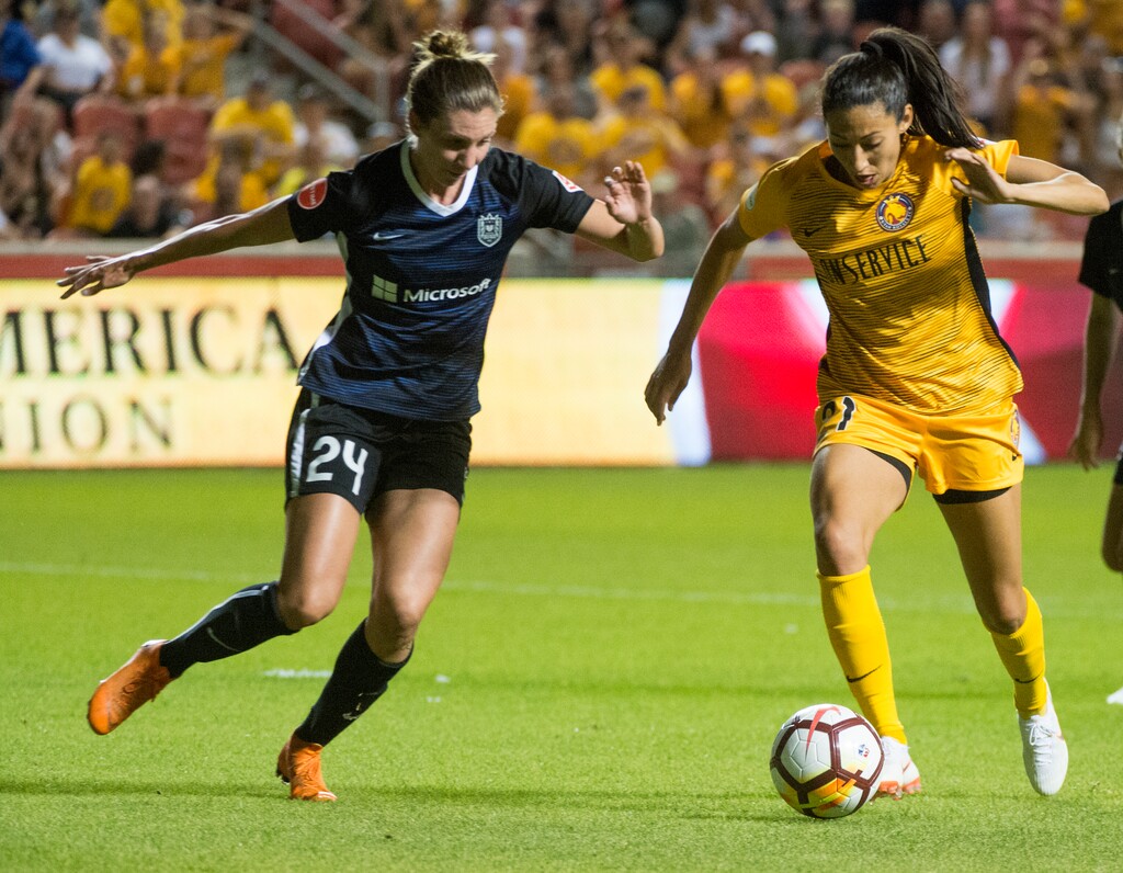 (Rick Egan  |  The Salt Lake Tribune)   Christen Press, Utah Royals FC gets goes for the ball in soccer action at Rio Tinto Stadium,  Wednesday, June 27, 2018.