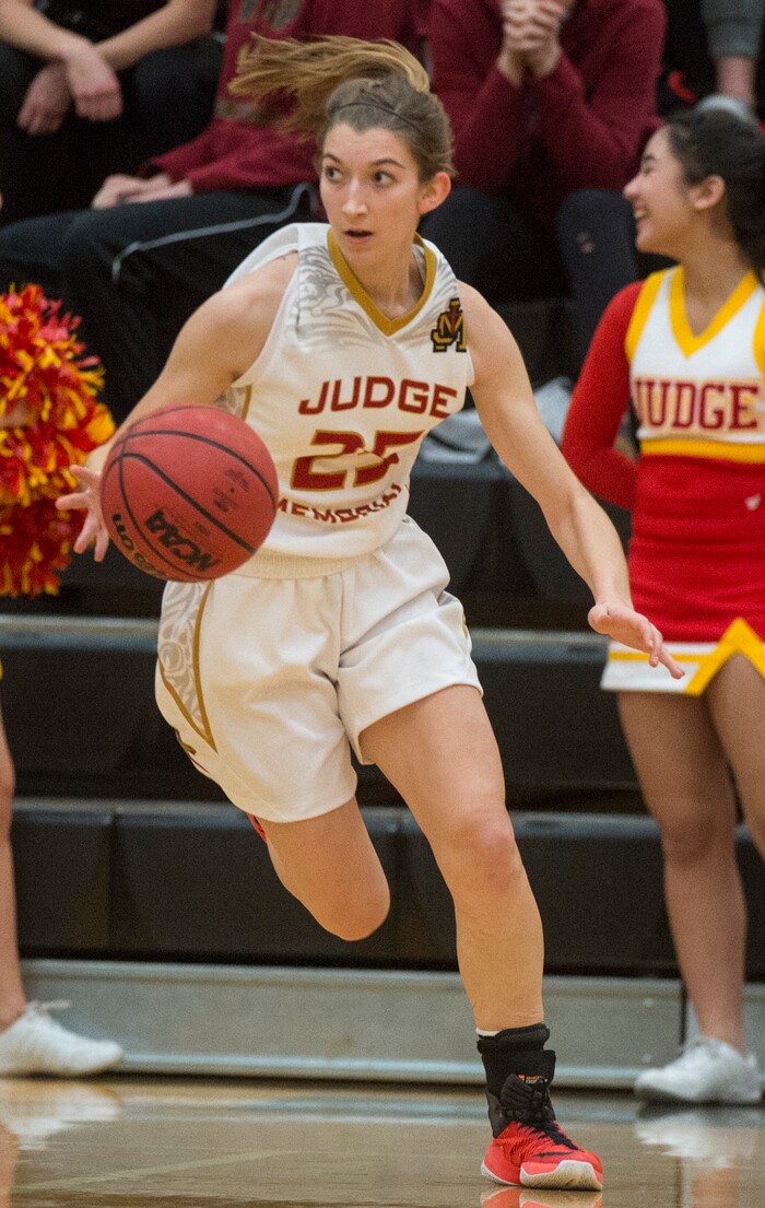(Rick Egan  |  The Salt Lake Tribune)   Judge Memorial guard Cicely Foley (25), brings the ball down court for the Bulldogs, in 3A Women's basketball State playoff action, Judge Memorial vs. San Juan, in Heber City, Friday, Feb. 16, 2018.
