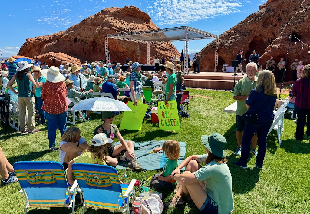 (Mark Eddington | The Salt Lake Tribune) People gather before a special hearing of the House Natural Resources Subcommittee held in Hurricane, Monday, April 22, 2024.
