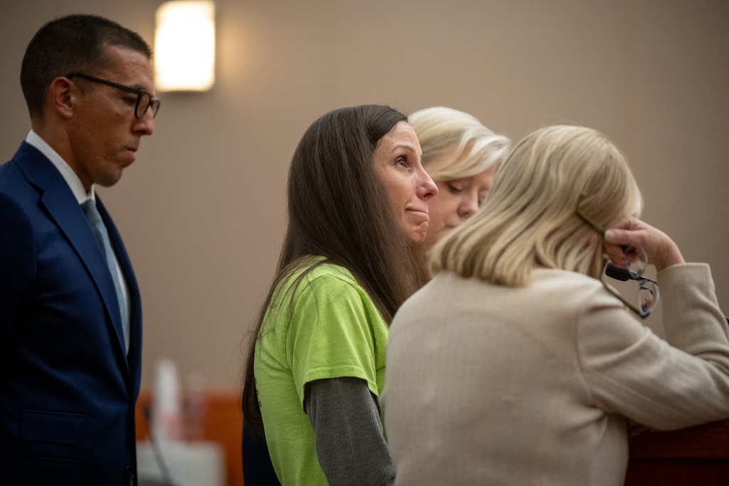 (Trent Nelson  |  The Salt Lake Tribune) Surrounded by her attorneys, Kouri Richins speaks at her sentencing in Park City on Wednesday, May 13, 2026. Richins wants a new trial.