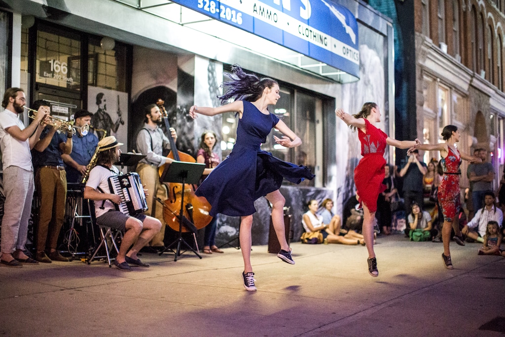 (Jon Burkholz  |  photo courtesy Municipal Ballet Co.)

Members of Salt Lake City's Municipal Ballet Co. performing on a downtown Salt Lake City sidewalk in 2013.