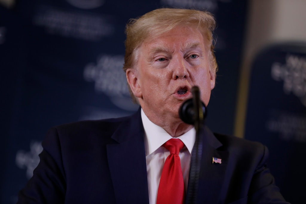 (Evan Vucci | AP) U.S. President Donald Trump speaks during a news conference at the World Economic Forum in Davos, Switzerland, Wednesday, Jan. 22, 2020. Trump's two-day stay in Davos is a test of his ability to balance anger over being impeached with a desire to project leadership on the world stage.