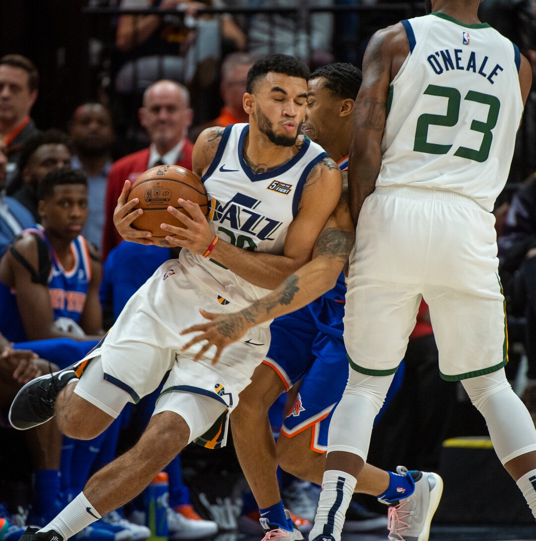 (Rick Egan  |  The Salt Lake Tribune) Utah Utah Jazz forward Royce O'Neale (23) sets a screen for Utah Jazz guard Naz Mitrou-Long (30), in NBA action between Utah Jazz and New York Knicks, in Salt Lake City, Saturday, Dec. 29, 2018.