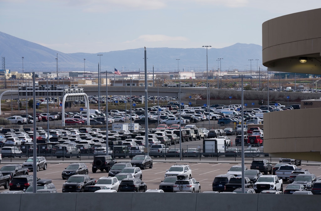 (Bethany Baker  |  The Salt Lake Tribune) Cars in the parking lot at Salt Lake City International Airport in Salt Lake City on Monday, March 16, 2026. The airport will raise parking fees on July 1. 