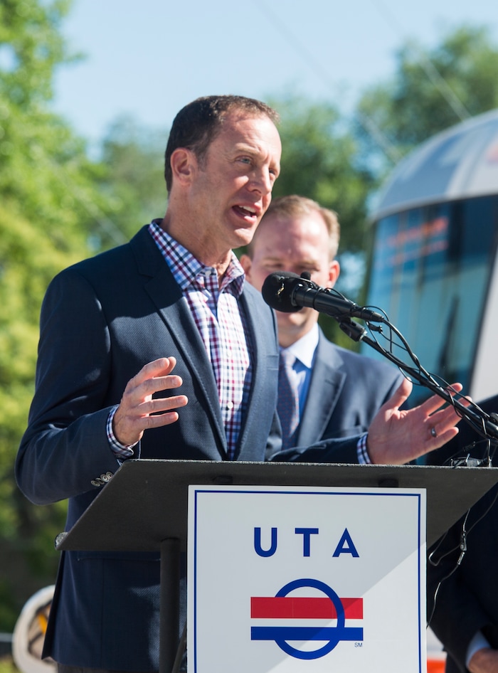 (Rick Egan  |  The Salt Lake Tribune)     WFRC Executive Director Andrew Gruber, gives a speech, as South Salt Lake and other dignitaries met together to break ground on construction of UTA’s S-Line double track project, on 300 East and 2233 South, Monday, June 11, 2018.