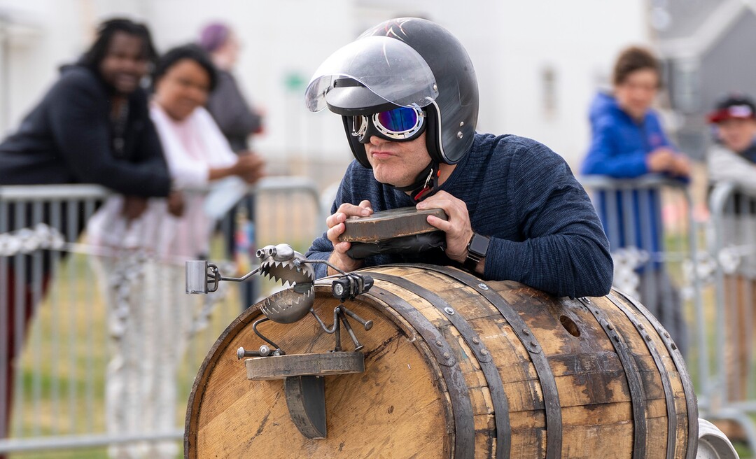 (Rick Egan | The Salt Lake Tribune) Ben Swenson drives the "Whiskey Runner" during an exhibition race, in the Daybreak Soap Box Derby, on Saturday, April 24, 2021.
