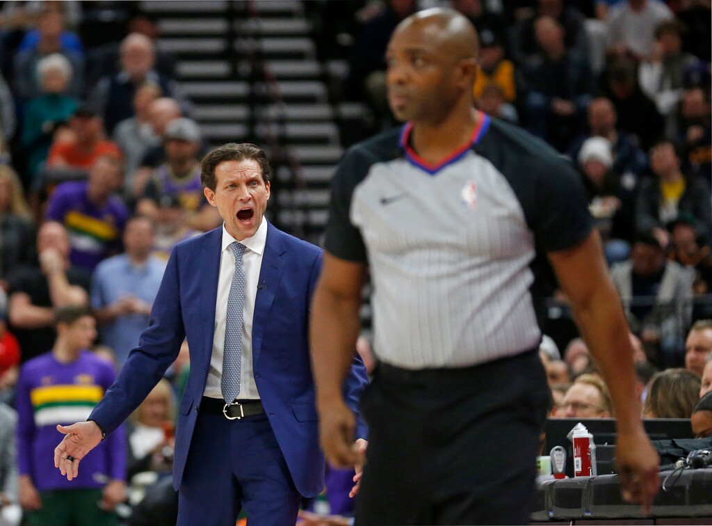 Utah Jazz coach Quin Snyder shouts at official Courtney Kirkland after a foul was called on Utah Jazz center Rudy Gobert during the first half of the team's NBA basketball game against the Houston Rockets on Thursday Dec. 6, 2018, in Salt Lake City. (AP Photo/Rick Bowmer)