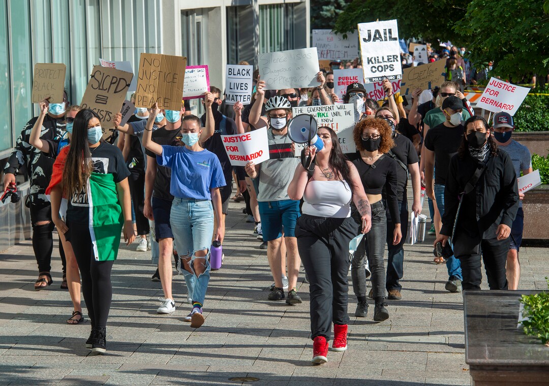 (Rick Egan  |  The Salt Lake Tribune)    Sofia Alcala leads protesters as the march down Main Street, during a Justice for Bernardo protest on Wednesday, June 24, 2020.