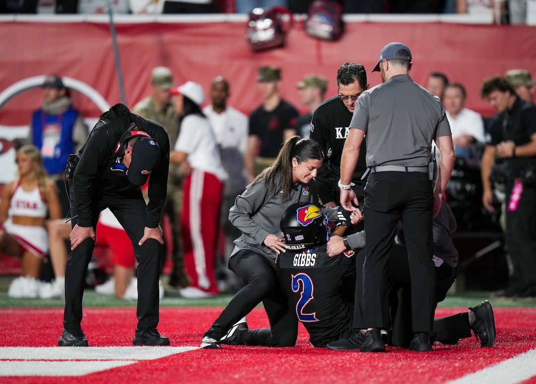 (Bethany Baker  |  The Salt Lake Tribune) Kansas Jayhawks head coach Lance Leipold, left, reacts after being called for unsportsmanlike conduct following a play during the game between the Utah Utes and the Kansas Jayhawks at Rice-Eccles Stadium in Salt Lake City on Saturday, Oct. 10, 2026.