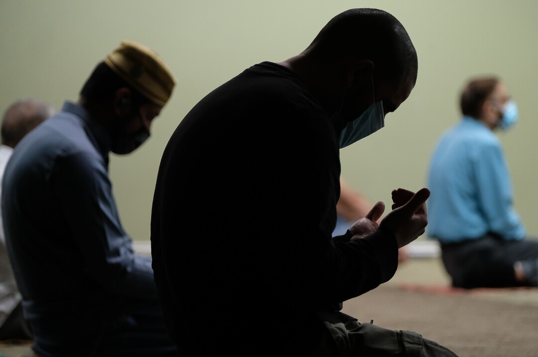 (Francisco Kjolseth  |  The Salt Lake Tribune) Imam Shuaib Din of the Utah Islamic Center in Sandy holds 10-minute prayers with increased spacing for the first time on Friday, May 8, 2020, since closing down for the coronavirus pandemic.