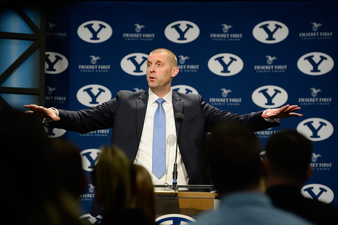 (Francisco Kjolseth  |  The Salt Lake Tribune)  Mark Pope takes questions from the media after being announced as BYU's new head basketball coach during a press event at the BYU broadcasting building on Wed. April 10, 2019.