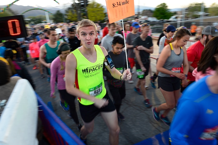 (Scott Sommerdorf | The Salt Lake Tribune)Runners leave the starting line of the Salt Lake City marathon, Saturday, April 21, 2018.