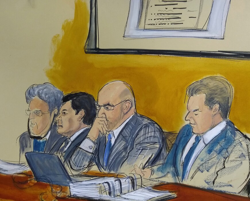 (Elizabeth Williams | The Associated Press) In this courtroom drawing, Mexican drug lord, Joaquin "El Chapo" Guzman, listens to a tape recording was played for the jury at their request,Tuesday, Feb. 5, 2019, during Guzman's drug trafficking trial in New York. Seated from left are an interpreter, Joaquin El Chapo Guzman, defense attorneys Eduardo Balazero and Jeffery Lichtman.