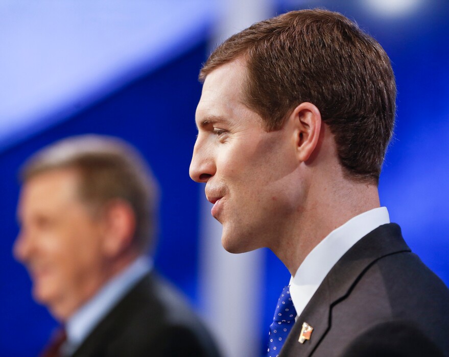 Democrat Connor Lamb, right, and Republican Rick Saccone speak before the taping of their first debate in the special election in the Pennsylvania 18th Congressional District at the KDKA TV studios, Monday, Feb. 19, 2018, in Pittsburgh. The debate was recorded in the afternoon and scheduled to be broadcast that night. (AP Photo/Keith Srakocic)
