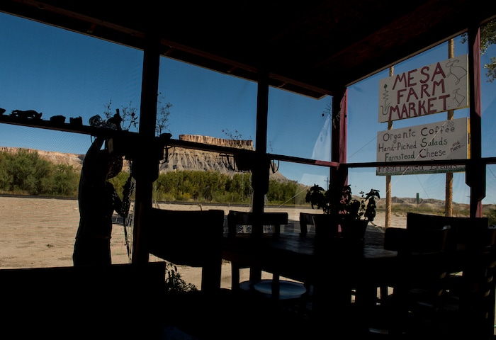 (Leah Hogsten  |  The Salt Lake Tribune) Osteopathic family physician Dr. Rosann Volmert, who also is co-owner of Mesa Farm and girlfriend of Randy Ramsley, waters the potted plants on the front porch of the market. Mesa Farm sells a variety of goats milk cheeses and yogurt at the farm's storefront on Highway 24, east of Capitol Reef and at Tony Caputo's in Salt Lake City. 