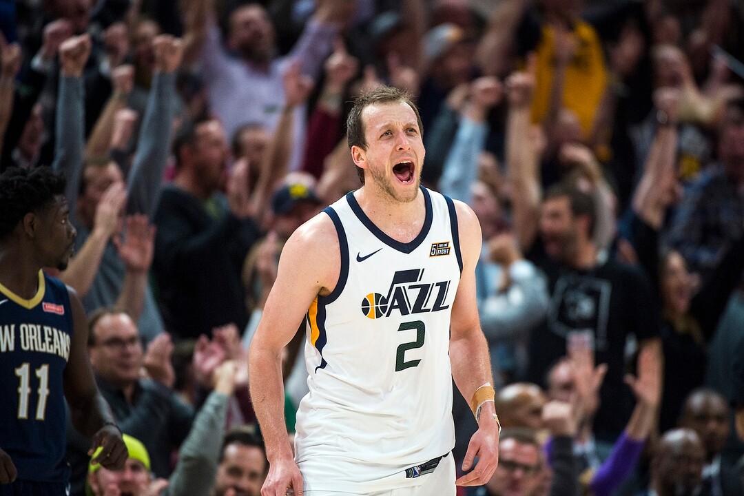 (Chris Detrick  |  The Salt Lake Tribune)  Utah Jazz forward Joe Ingles (2) celebrates after scoring during the game at Vivint Smart Home Arena Friday, December 1, 2017.  Utah Jazz defeated New Orleans Pelicans 114-108.