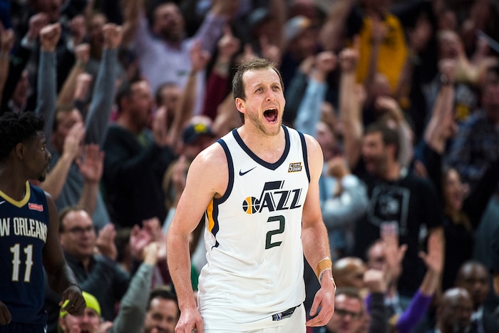 (Chris Detrick  |  The Salt Lake Tribune)  Utah Jazz forward Joe Ingles (2) celebrates after scoring during the game at Vivint Smart Home Arena Friday, December 1, 2017.  Utah Jazz defeated New Orleans Pelicans 114-108.