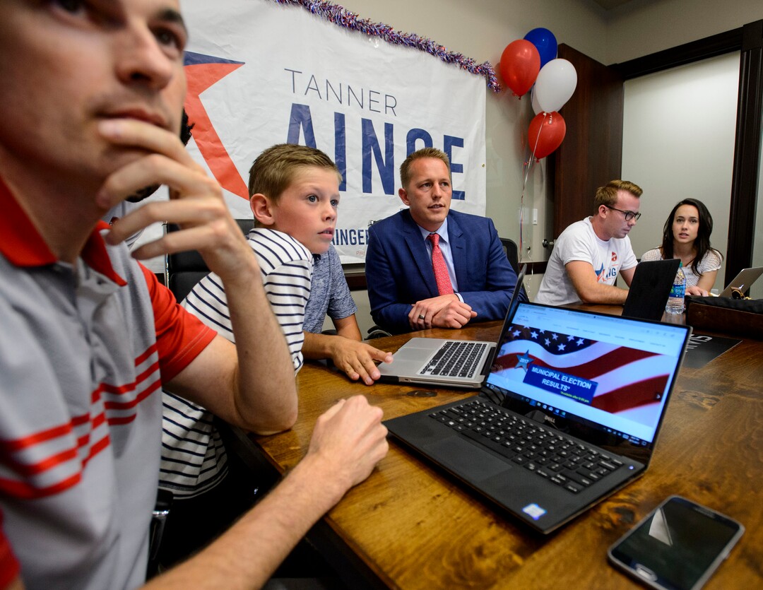 (Steve Griffin  |  The Salt Lake Tribune)  3rd Congressional District candidateTanner Ainge watches early voting results come in from his election night headquarters in Orem Tuesday August 15, 2017.