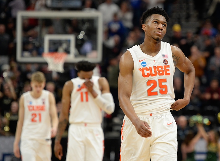 (Francisco Kjolseth  |  The Salt Lake Tribune)  Syracuse Orange guard Tyus Battle (25) shows his disappointment after losing to Baylor in their first round menÕs NCAA March Madness tournament game at Vivint Smart Home Arena in Salt Lake City on Thursday, March 21, 2019.
