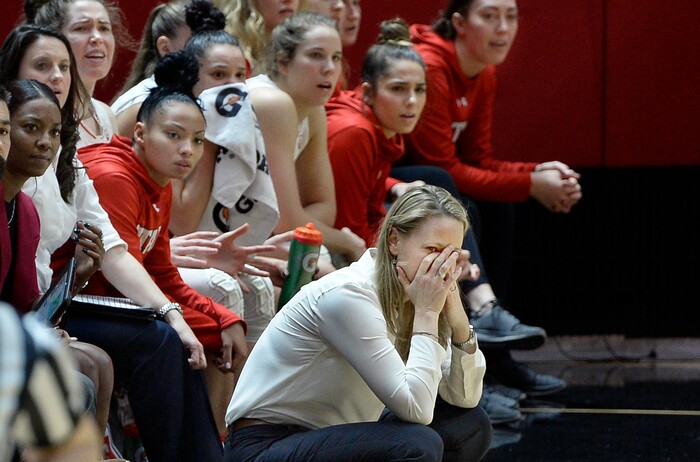 Scott Sommerdorf | The Salt Lake TribuneUtah Utes head coach Lynne Roberts can barely bring herself to watch as the Oregon lead widens during second half play. Oregon defeated Utah 84-68, Sunday, January 28, 2018.