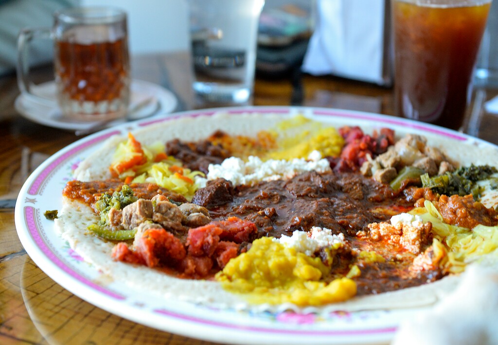(Chris Samuels | The Salt Lake Tribune) A meat and vegetable platter at Oromian Restaurant on State Street in Salt Lake City, Thursday, Oct. 13, 2022.
