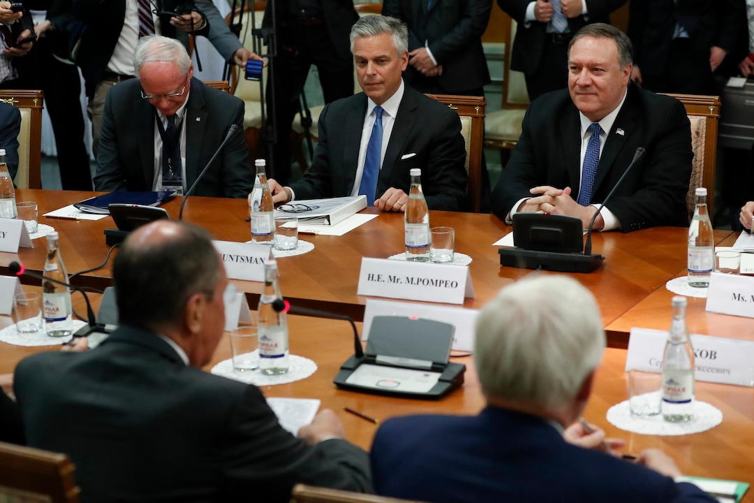 (Pavel Golovkin  |  AP Photo) U.S. Secretary of State Mike Pompeo, right, and U.S. Ambassador to Russia Jon Huntsman, second left, listen to Russian Foreign Minister Sergey Lavrov, left, back to a camera, during their talks in the Black Sea resort city of Sochi, southern Russia, Tuesday, May 14, 2019. Pompeo's first trip to Russia starts Tuesday in Sochi, where he and Russian Foreign Minister Sergey Lavrov are sitting down for talks and then having a joint meeting with President Vladimir Putin. 