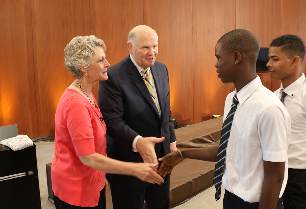 Mormon apostle Dale Renlund and his wife, Ruth Renlund, chat with African youths after their live "Face-to-Face" internet meeting with youths spread across the continent. Courtesy Intellectual Reserve Inc.