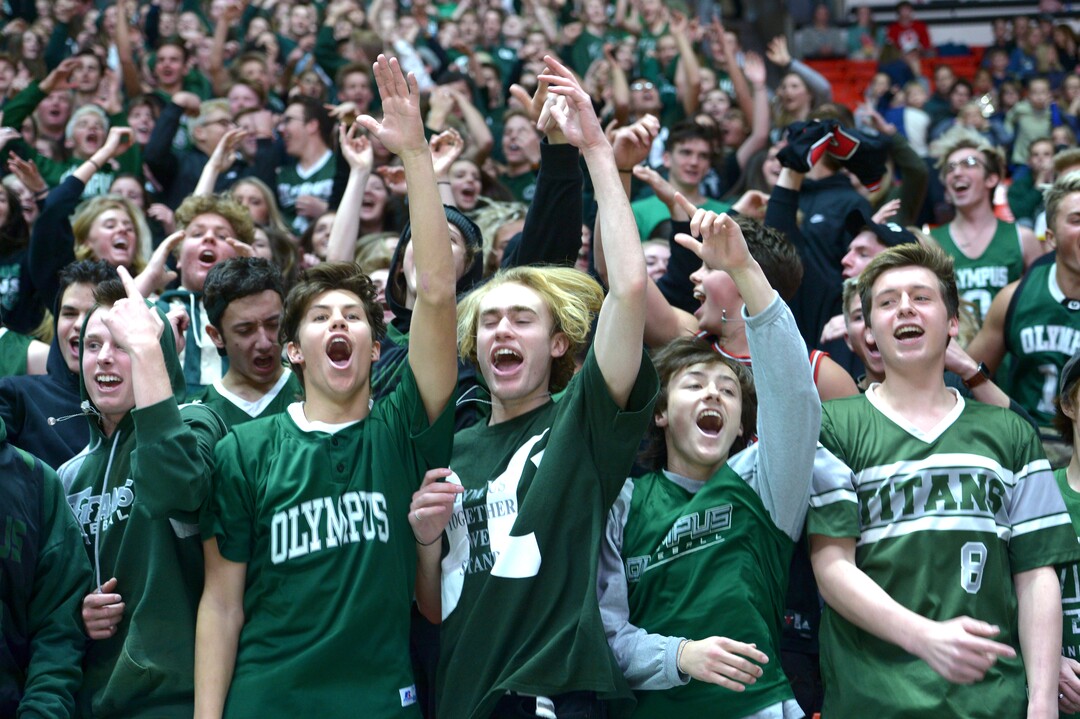 (Leah Hogsten  |  The Salt Lake Tribune) Olympus celebrates the win. Olympus defeated Corner Canyon 76-49 to win the 5A High School Boys’ Basketball Tournament Championship at the Jon M. Huntsman Center in Salt Lake City,  Saturday, March 3, 2018. 