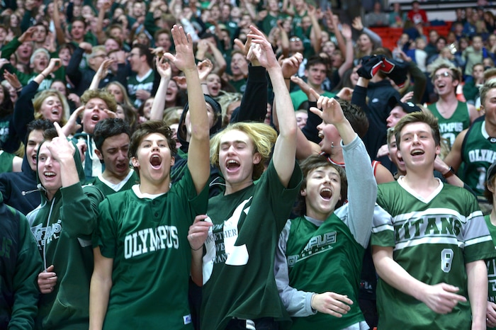 (Leah Hogsten | The Salt Lake Tribune) Olympus celebrates the win. Olympus defeated Corner Canyon 76-49 to win the 5A High School Boys’ Basketball Tournament Championship at the Jon M. Huntsman Center in Salt Lake City, Saturday, March 3, 2018.